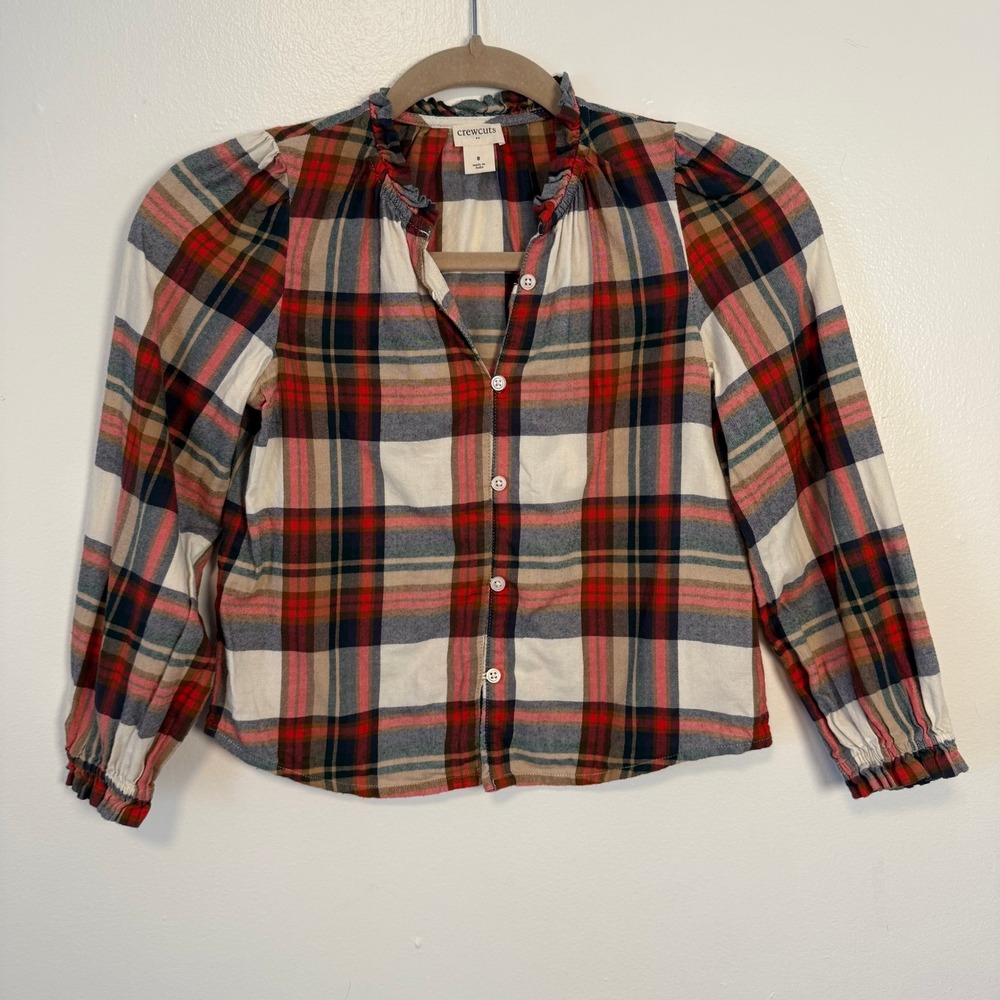 Crewcuts Girls Plaid Ruffle Collar Long Sleeve Button Up Shirt Size 8‎